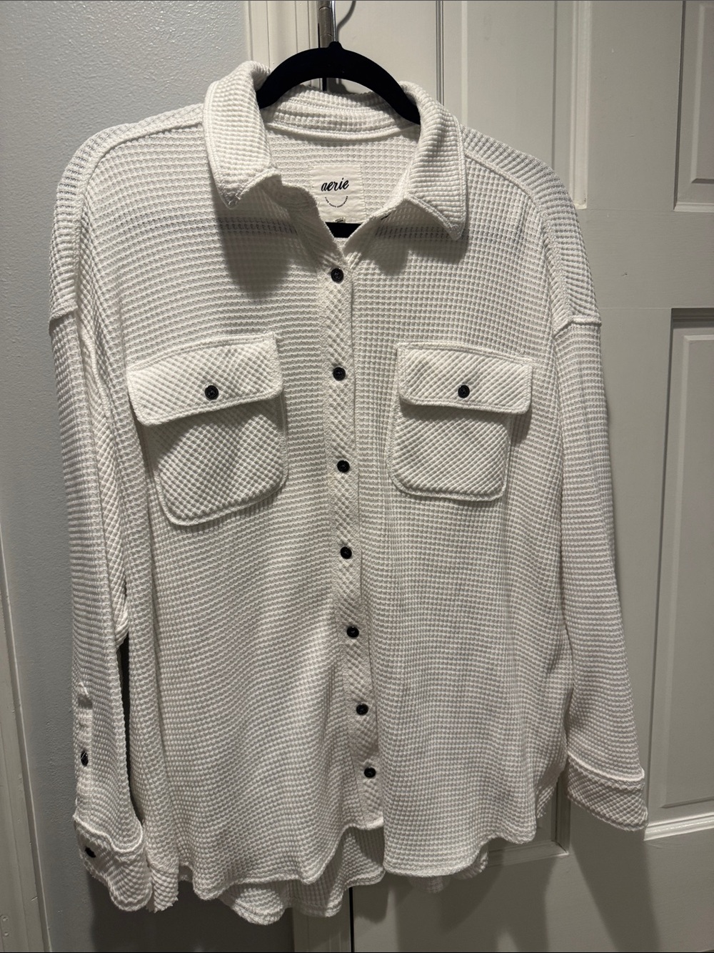 aerie White Waffle Knit Button-Front Shirt Jacket